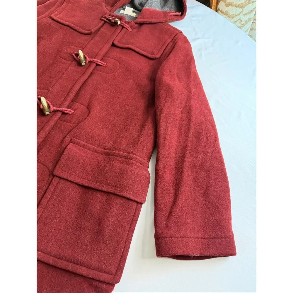 J.Crew Wool Blend Duffle Coat Small Burgundy Red Hooded Toggle Closure Jacket - Picture 3 of 9
